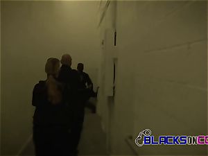 Computer thief is caught stealing by naughty milf cops at warehouse